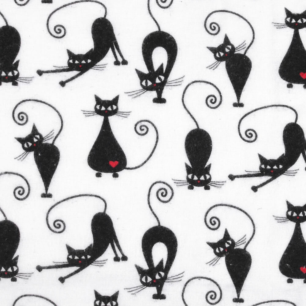 0,5m | Weißer Baumwollflanell mit schwarzen Katzen