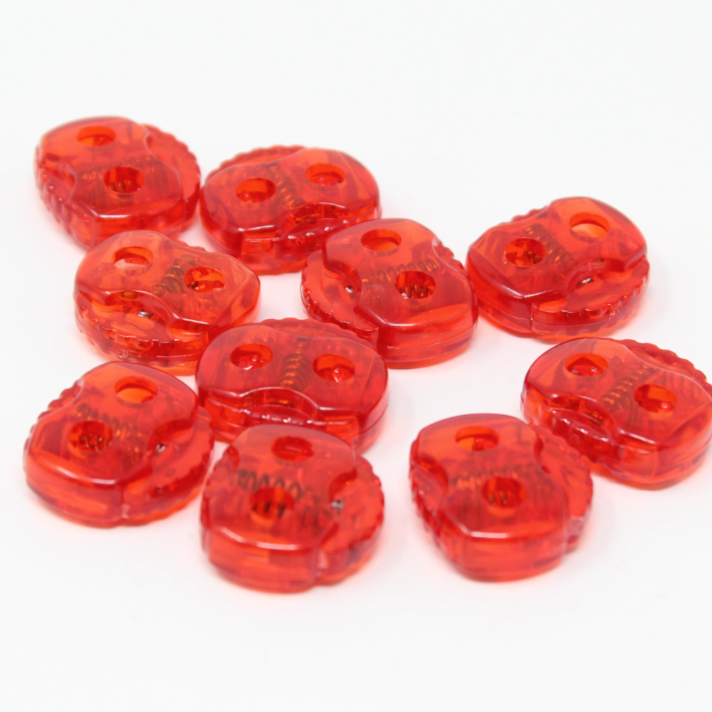 10 Stück - 2-Loch Kordelstopper - 20x20 - Rot Transparent